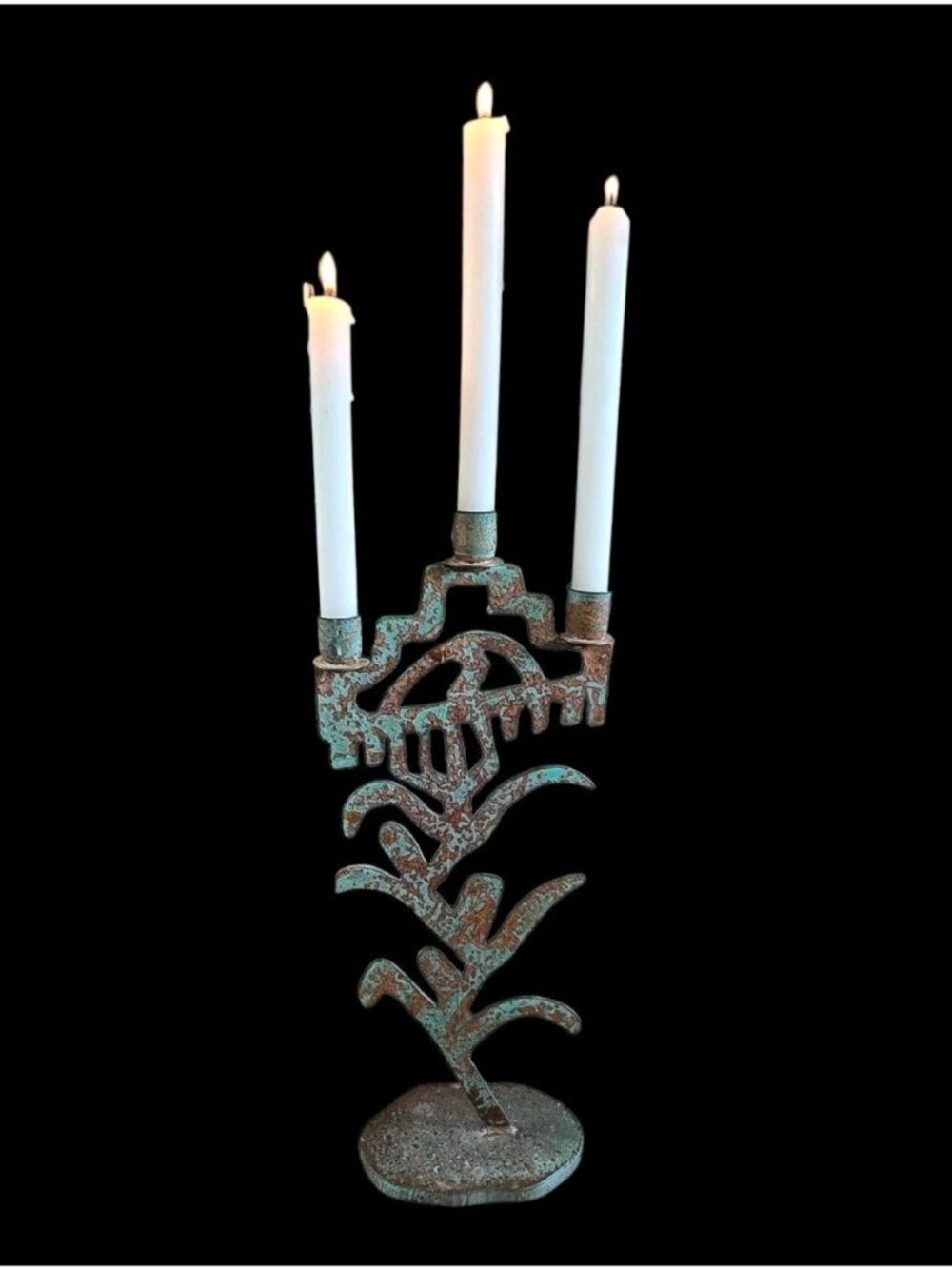 Cast Iron Isreal Candle Holder Candelabra Bronze/brass Finish Patina 19 X 6.5"